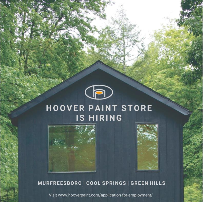 Hoover Paint Store is now  hiring at the Murfreesboro, Cool Springs and Green Hills locations.